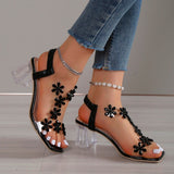 Women Sandals 2023 Summer Crystal Flower Decoration Chunky Heel Peep Toe Back Strap Elastic Band Elegant Fashion Women's