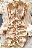 Chic Women Satin Dress 2023 Fashion Spring Summer Turn-down Collar Long Sleeve Buttons Ruched Mini Bodycon Party