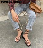 New Summer Sandals Women Flat Ankle Strap Gladiator Sandal Lace Up Casual Shoes Brand Sandals Vacation Flip Flops