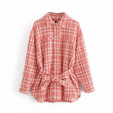 Women Fashion Sashes Plaid Tweed Jacket Stylish Chic Red Button-up Coats Girls Chic Outerwear Casual