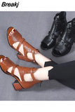 Heeled Sandals Female 2023 New Summer Fish Mouth Shoes Chunky Heel Roman Back Zipper Sandals Solid Casual Sandales