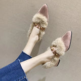 Winter New Women Pointed Toe Rivet Thick Heels Loafer Retro British Style Warm Casual Slip on Chunky Footware Women