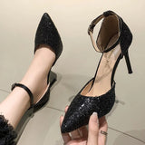 Heels Wedding Bride Shoes Women 2024 Luxury Ankle Buckle Stiletto Heel Pumps Women Silver Sequins Pointed Toe Pumps