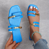 Women's Slippers 2023Summer Gold color Thin belt combination Square Head Flat Heel Female plus size outdoor beach women