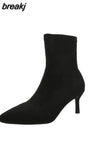 Luxury Women Black Flock Sock Boots Stiletto Thin High Heels Elastic knitting Boots Winter Stretch Fabric Ankle