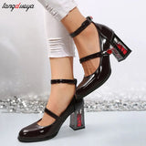 Women Punk Leather Mary Jane Shoes Gothic High Heels Pumps Rose Heeled Leather Lolita Shoes Woman Ankle Straps Mary Jane