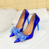 Breakj Banquet High Heels Fine Heel Shallow Mouth Pointed Crystal Bow Women's Shoes High Heel