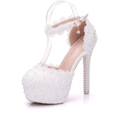 Breakj Cm White Lace Wedding Shoes Fine Heel Round Head Waterproof Shoes Large Size White Wedding Shoes