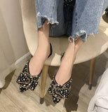 Women Flat Heel Crystal Shoes Pearl Flats Party Spring Summer Pointed Toe Slip On Sexy V Mouth Lady Weekends Loafers