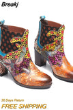 Splicing Printed Ankle Boots for Women Shoes Female PU Leather Retro Block High Heels Bohemian Ladies Winter Short
