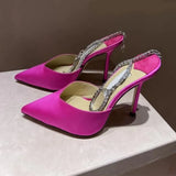 Ankle Strap V Cut Runway Shoes Pointy Toe Satin Celebrating Wedding Dress Shoes Bride Cutouts Thin Heel Celebrating