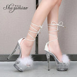 Women's Sandals 2023 Summer Fashion Ankle Cross Strap Fur High Heels Clear Waterproof Platform Female Steel Tube
