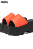 Dropship 2023 Summer Brand New Women Single Band Platform Sandals Black Nylon Chunky Platform Wedges Slipper