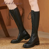 Women Genuine Leather Knee High Boots Round Toe Flat Platform Zipper Lace-up Boot Ladies Shoes Autumn Winter Black