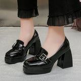 New Chunky High Heels Loafers Women Metal Buckle Square Toe Platform Pumps Woman Pu Leather Office Work Shoes