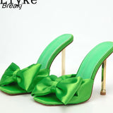 Fashion Yellow Green Silk Butterfly-Knot Women Slippers Mule High Heels Gladiator Sandals Flip Flop Square Toe Party