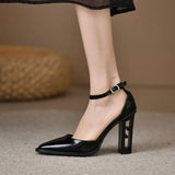 Women's Pumps Vintage Pointed Toe Chunky Heel Strange Style Lattice Hollow High Heels Party Leather Shoes Plus Size