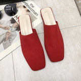 Women Mules Slippers Women Summer Flats Sandals Knit Fabric Stretch Slides Holiday Beach Shoes Square Heel Square Toe