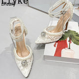 2023 New Sexy Mesh Pumps Sandals Female Pointed Toe White String Bead Ankle Strap High Heels Stiletto Dress Shoes