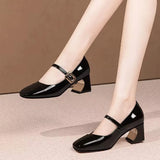 Leather Middle Heel Women Shoes Square Buckle Thick Heel Females Shoes Fashion Leisure Spring Ladies Dress Pumps Size