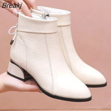 New Ankle Boots Women Pointed Toe Thick Heels Genuine Patent Leather Shoes Short Boots Soft Sole Footwear Plus Size