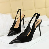 Breakj High Heels Women's Shoes Shallow Mouth West Velvet And Thick Suede Stitching Tip Back Empty Hollow Back Trip Strip Single