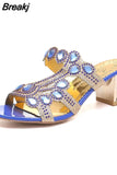 New 2023 Rhinestone Slippers Ladies Chunky Heels Hollow Casual Slippers Fashion Beach Shoes Woman Sandalias De