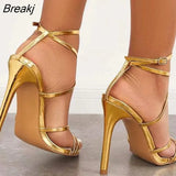 High Heel Sandals Cross-tied Ankle Strap Shoes Stiletto Hollow Solid Gold Black Sexy Party Zapatillas Mujer