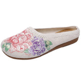 Breakj Single Slippers / Cotton Slippers Linen Peony Embroidered Round Head Flat Cloth Shoes Sandals Embroidered Women's