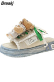 Design Summer Women Graffiti Slippers Platform Shoes Mules Flip Flops Street Sandal Outside Flat Casual Shoes for