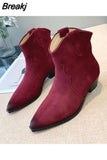 Women's Ankle Boots England Crude Heel Woman Boots Cow Leather Solid Color Pointed Toe Botas De Mujer Cowboy Boots For