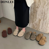 New Spring Suede Flats Close Toe Slippers Women Flat Thick Bottom Mules Shoes Fashion Outdoor Slides Retro Britain