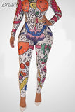 Fashion Graffiti Print Jumpsuits Women Round Neck Long Sleeve One Piece Playsuits Female Bodycon Streetwear White