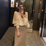 Womens Tops and Blouses Korean Style 2023 Spring Sweet Vintage Puffer Sleeve Elegant Lace Shirt Women Button Office Ladies