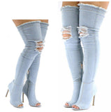 Ripped Jeans Thigh High Boots Peep Toe Zipper Stretch Denim Over The Knee Boots Thin Heels Women Gladiator Party