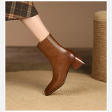 Autumn and Winter New Fashion Square Head Retro High Thick Heel Side Zipper Skinny Short Boots Women's All-match Nude