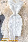 Design Twist Knitted Bodycon Dress Women Solid O-neck Sleeveless Tassels Irregluar Slim Stretch Bandage Mini Sweater