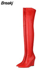 Elegant Woman Thigh High Botas Outdoor Wedges Leather Slip-on Ladies Shoes Thick Bottom Over-knee Boots Big Size