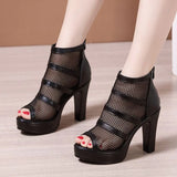 Thick-Heeled Sandals Women's 2023 Summer New Net Gauze Fish Mouth Shoes Women's Waterproof Table Hollowed-Out Roman