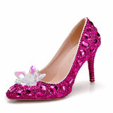 Quee Cinderella Glass Slipper With Money Pointed High-Heeled Fine With Rhinestone Sequins Bridesmaid Wedding
