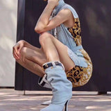 Furtado 2022 summer fashion blue denim Jeans boots Mid-calf Stilettos heels 8cm Women's boots lLarge size white boots