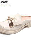 Leather mules metal chain bowknot women slippers creepers sandals Flat shoes thick soled cover toe slides plus size