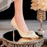 Women's Pearls High Heels Pumps 2024 Elegant Silk Thin Heeled Wedding Shoes Woman Slip On Pointed Toe Party Dress