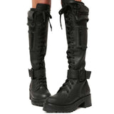 Design High Quality Female Motorcycle Boots Square Heel Lace-Up Narrow Band Winter Cool Street Women Knee High Boots