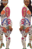 Fashion Graffiti Print Jumpsuits Women Round Neck Long Sleeve One Piece Playsuits Female Bodycon Streetwear White