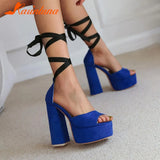 High Heeled Women's Sandals New Fashion 2023 Summer Ankle Buckle Flock Sandals European Style Sexy Party Banquet