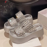 Women's Slippers 2024 New Fashion Shining crystal Silver Slippers Versatile Thick Sole Sandals Women's Elegant Party Dress