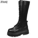 Boots 2023 Female High Platform Gothic Shoes Black Leather Boots Lace Up Women Knee High Boots Simple Autumn Winter