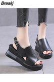 Summer Women Wedge Heeled Pu Leather Sandals Cross Strap Korean Style Casual Shoes Ladies Open Toe Solid Buckle