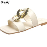 Ladies Slippers Summer Fashion Metal Decorative Square Head Outer Wear Flat Slippers Soft Bottom Seaside Beach